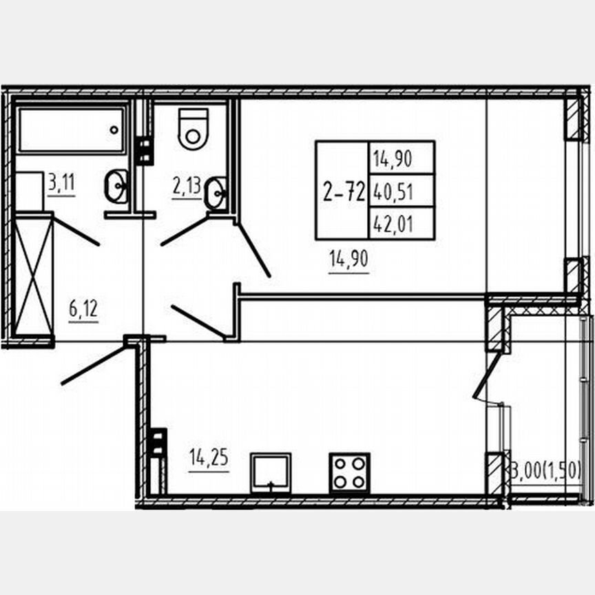 1-к. квартира, 40,5 м², 3/4 эт.