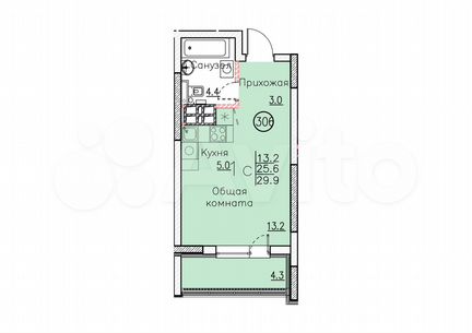 Своб. планировка, 29,9 м², 21/25 эт.