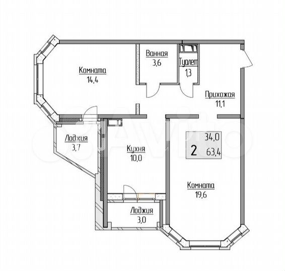 2-к. квартира, 60 м², 2/10 эт.
