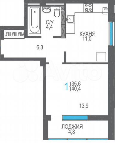 1-к. квартира, 40,4 м², 2/8 эт.