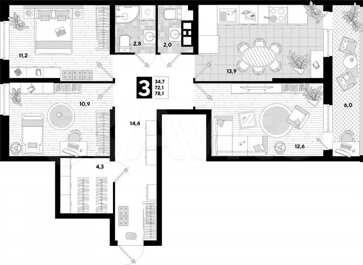 3-к. квартира, 78,1 м², 5/16 эт.