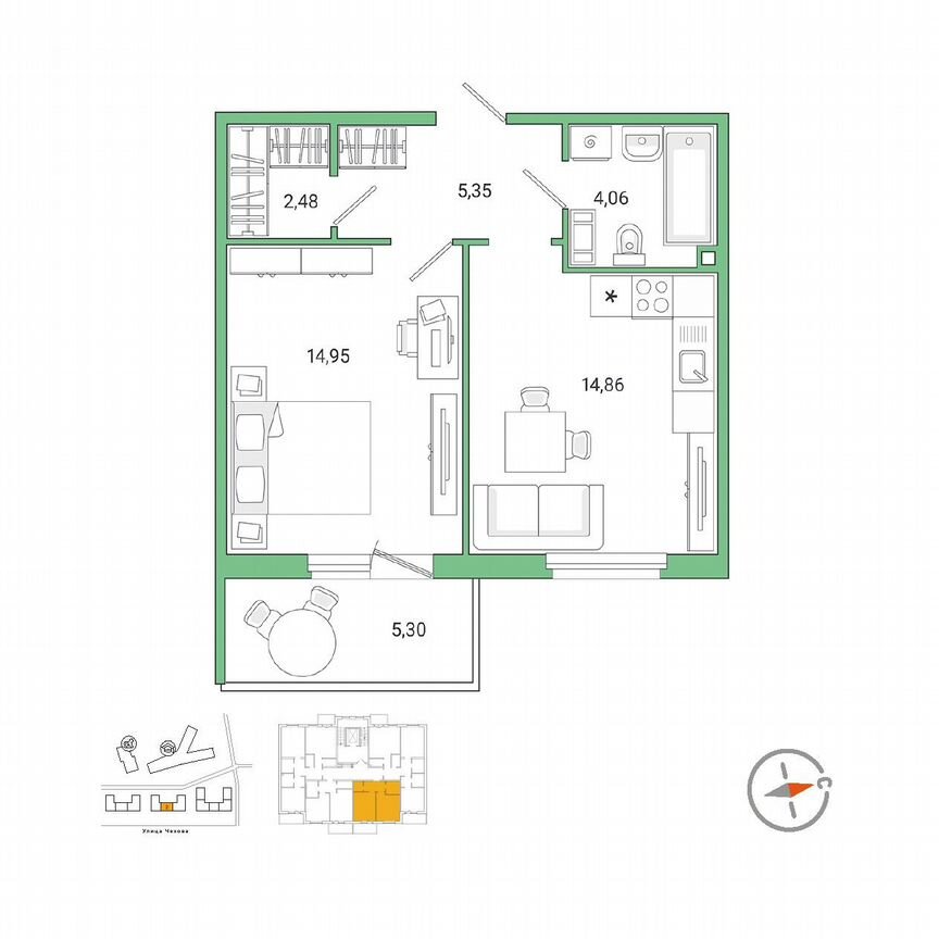 1-к. квартира, 43,4 м², 6/9 эт.