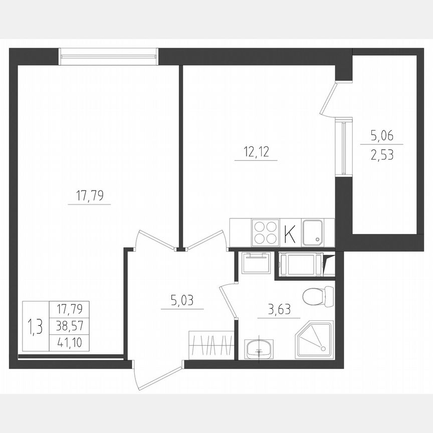 1-к. квартира, 41,1 м², 2/8 эт.
