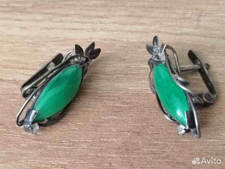 Серьги СССР серебро Хризопраз