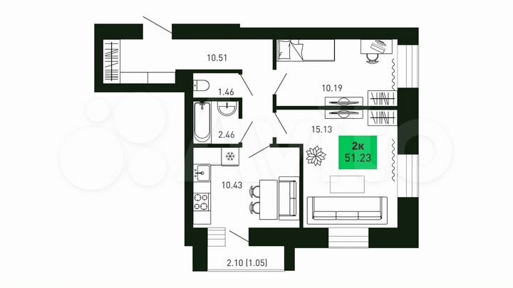 2-к. квартира, 51,2 м², 4/16 эт.