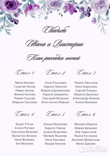 План рассадки гостей на любое торжество, свадьбу