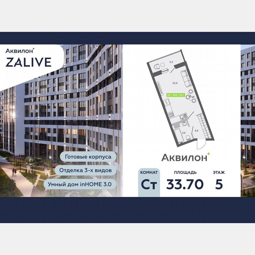 Квартира-студия, 33,7 м², 5/13 эт.