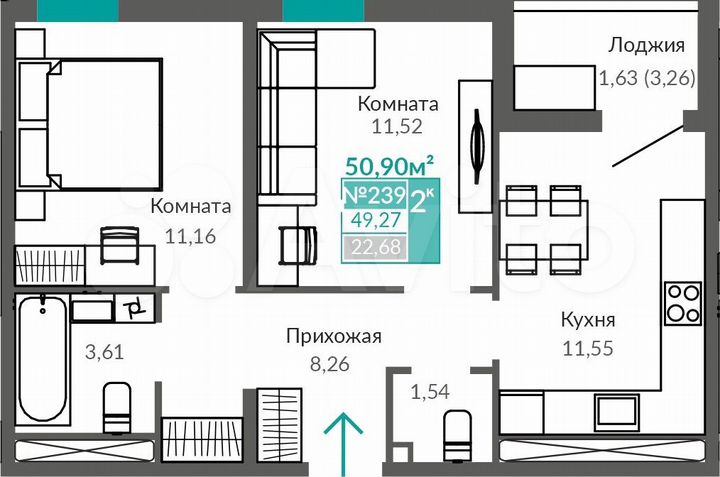 2-к. квартира, 49,3 м², 9/9 эт.