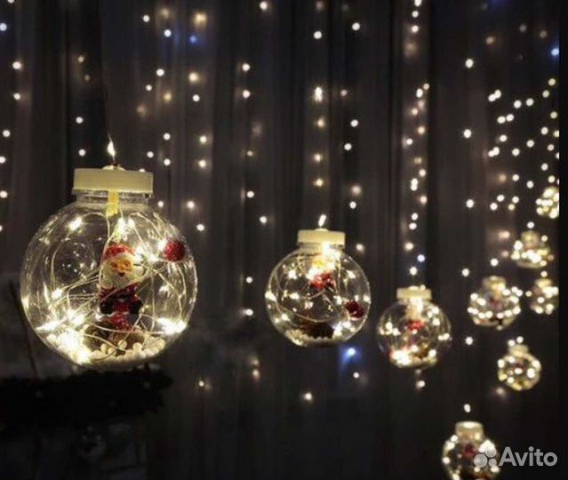 Гирлянда 10 шаров 3м снеговик и дед мороз снег