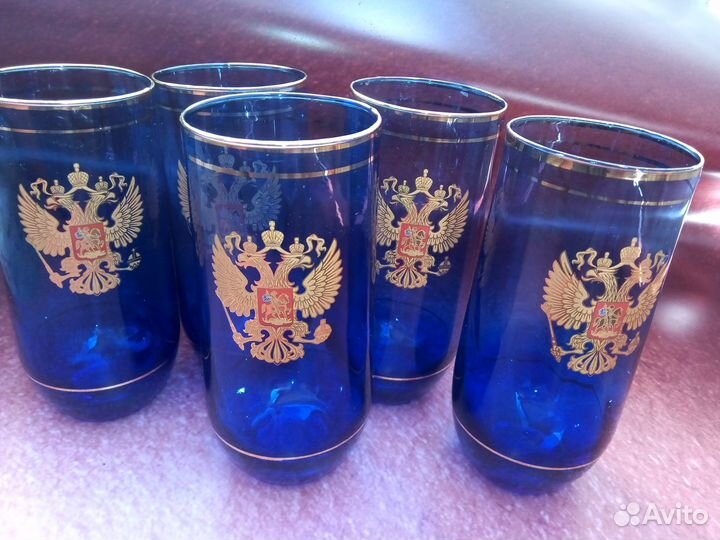 Стаканы с Гербом кобальтовое стекло 5 штук