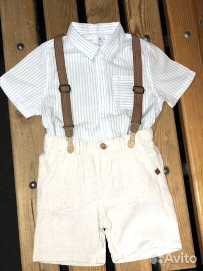 Zara льняные шорты на подтяжках на мальчика