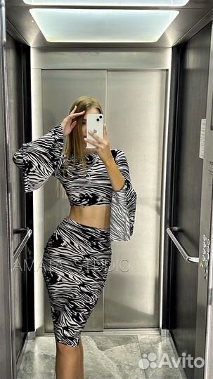 Сет лонг и юбка зебра трикотаж слим