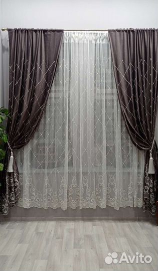 Бархатные шторы с жемчугом,ромб.тюль компаньон