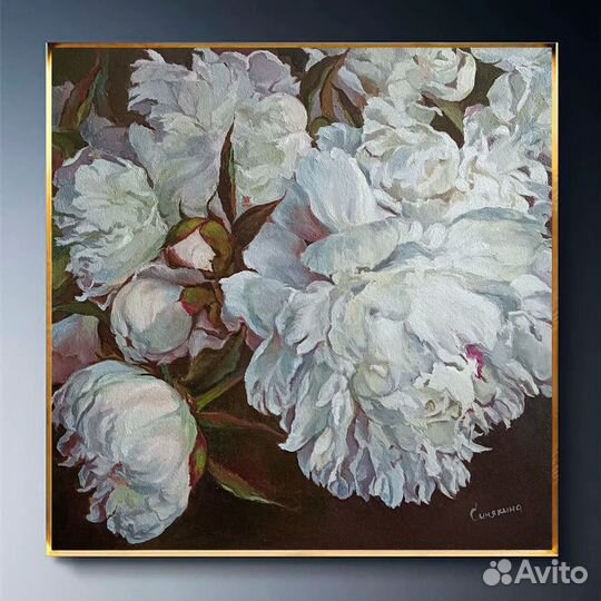 Картина маслом цветы Белые пионы