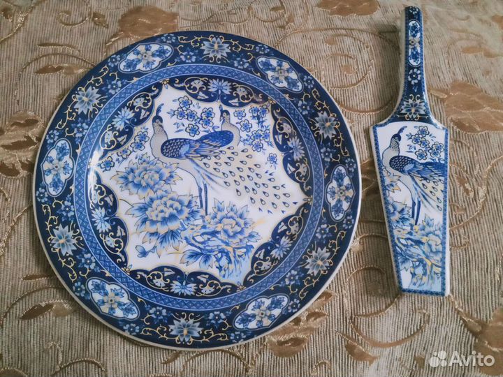 Блюдо фарфор для торта с лопаткой под гжель