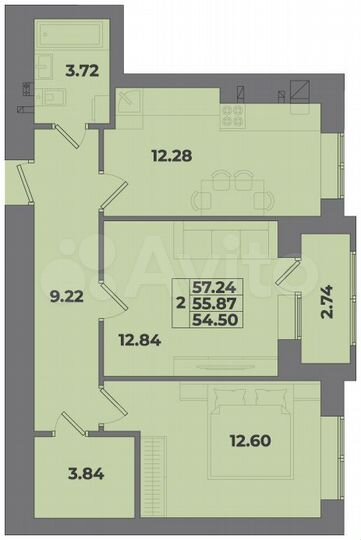 2-к. квартира, 57,2 м², 1/10 эт.