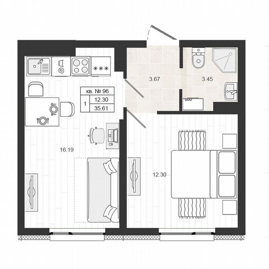 1-к. квартира, 35,6 м², 1/4 эт.