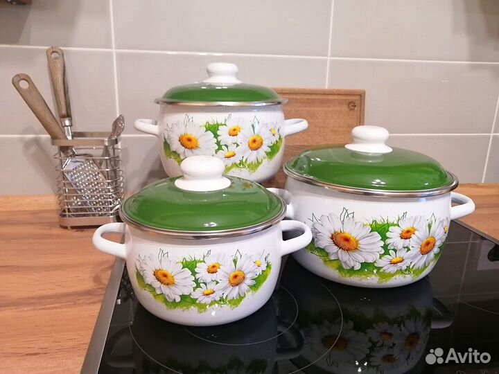 Набор эмалированных кастрюль Ромашки лето