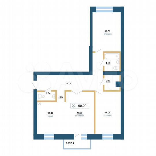 3-к. квартира, 90,3 м², 3/7 эт.