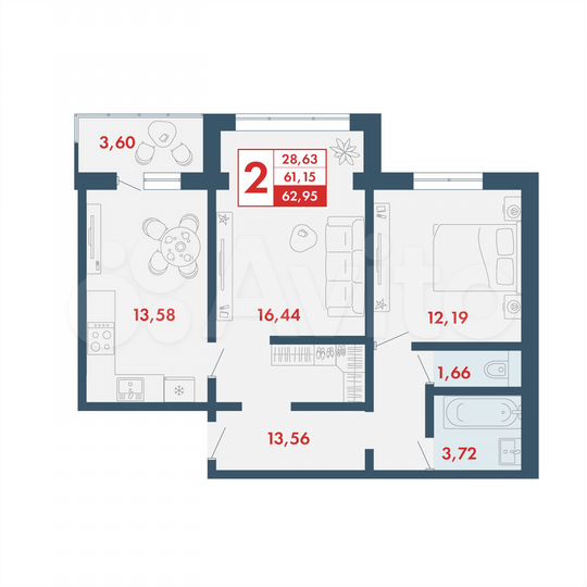 2-к. квартира, 63 м², 4/16 эт.