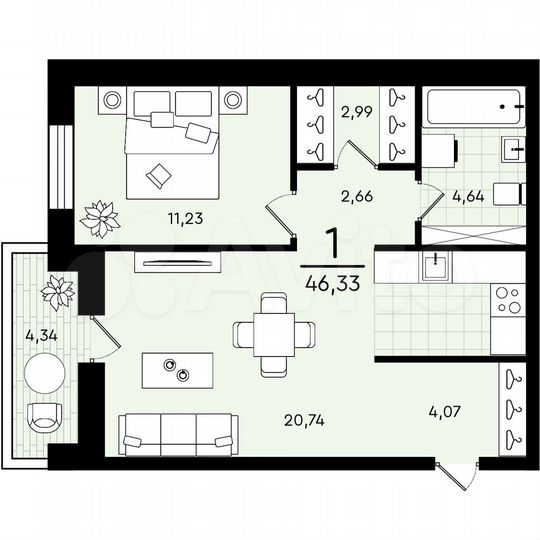 1-к. квартира, 46,3 м², 4/4 эт.