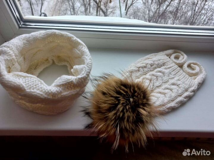 Вязаная шапка с помпоном, снуд, шарф