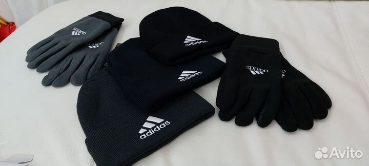 Вязаная двойная шапка Adidas чёрная и серая