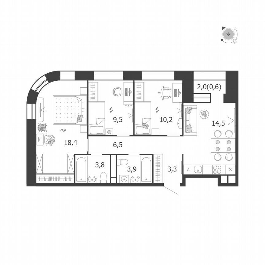 3-к. квартира, 70,7 м², 4/5 эт.