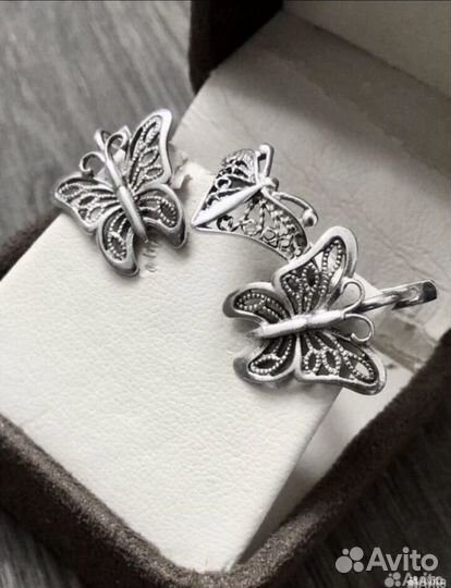 Комплект бабочки. Серьги и кольцо серебряные