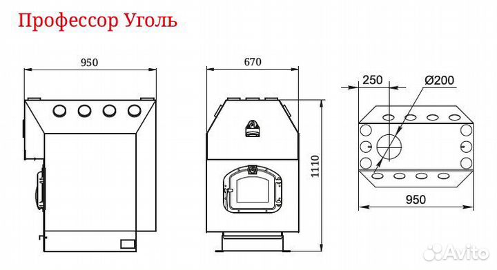 Печь Отопительная Профессор Уголь с чугунной дверцей со стеклом