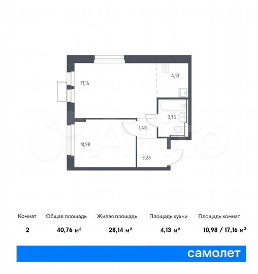 2-к. квартира, 40,8 м², 16/17 эт.