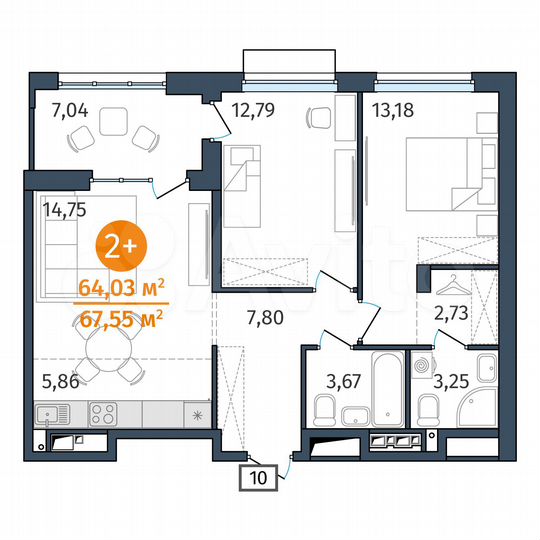 2-к. квартира, 64 м², 10/18 эт.
