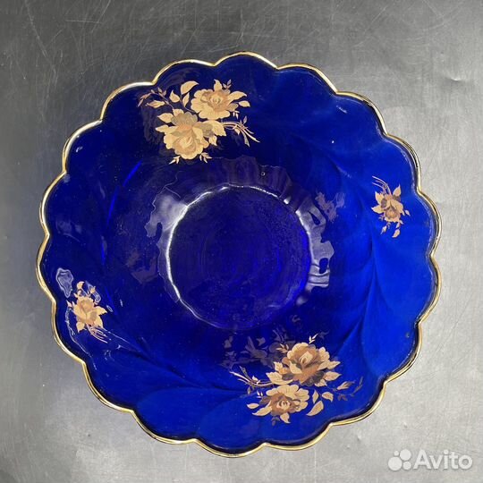 Фруктовница старинная синий кобальт цветное стекло