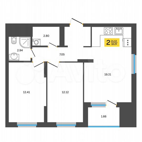 2-к. квартира, 58,3 м², 13/18 эт.