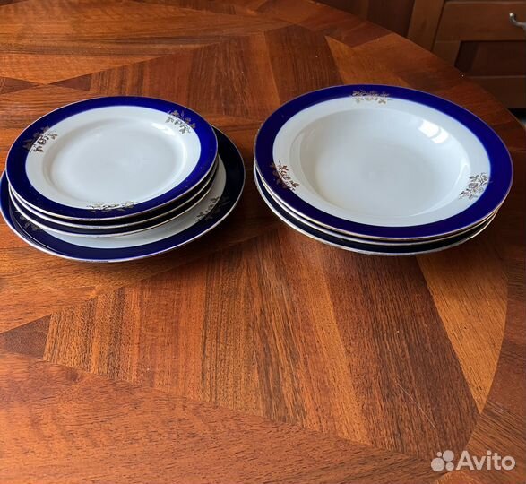 Тарелки Роза Дулево кобальт, позолота 1992г