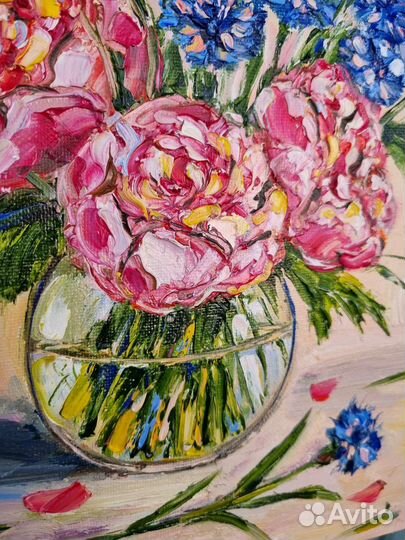 Картина маслом пионы васильки маслом цветы в вазе