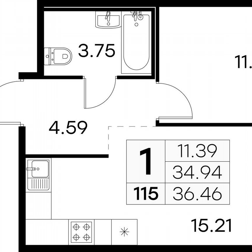 1-к. квартира, 36,5 м², 12/15 эт.