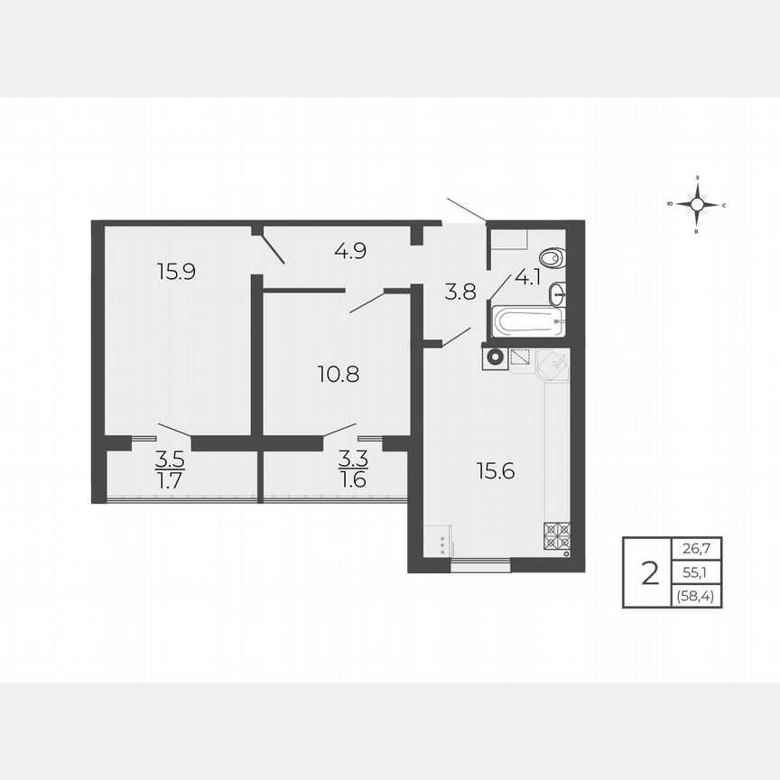 2-к. квартира, 58,4 м², 1/5 эт.