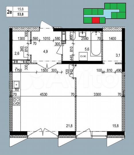 2-к. квартира, 53,8 м², 7/18 эт.