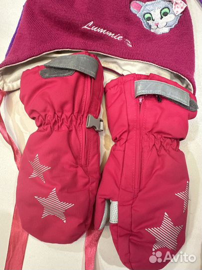Шапки для девочки 5-6 лет +варежки на молнии зима