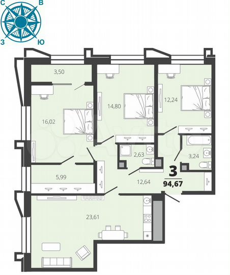 3-к. квартира, 94,7 м², 3/19 эт.