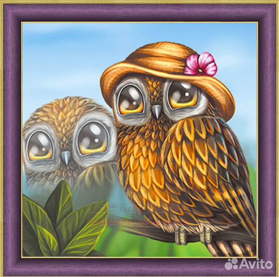 Алмазная мозаика 30x30 Сова в шляпе и ее малыш