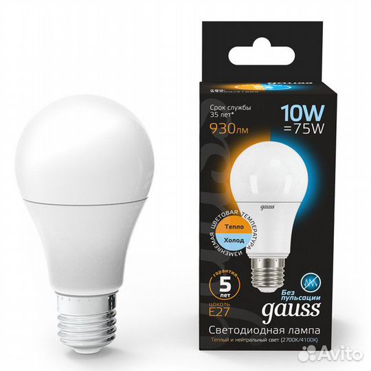 Лампа Gauss 10Вт E27 930Лм LED 2700/4100К груша