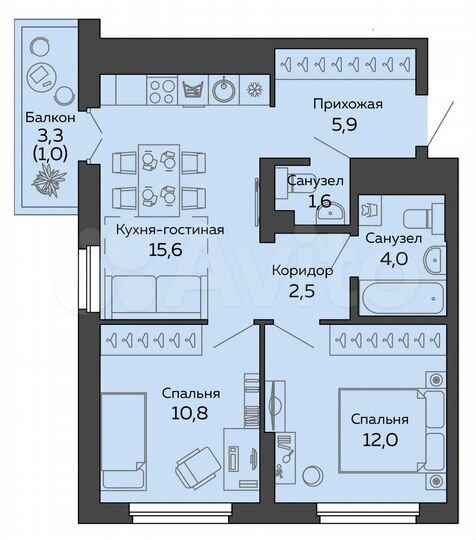 2-к. квартира, 53,5 м², 20/25 эт.