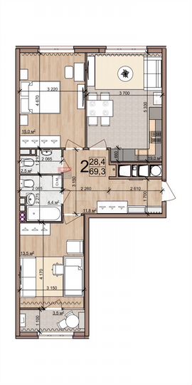 2-к. квартира, 69,3 м², 2/25 эт.