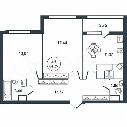 2-к. квартира, 64,7 м², 11/17 эт.