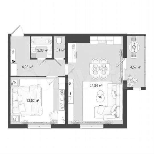 2-к. квартира, 53,6 м², 13/16 эт.