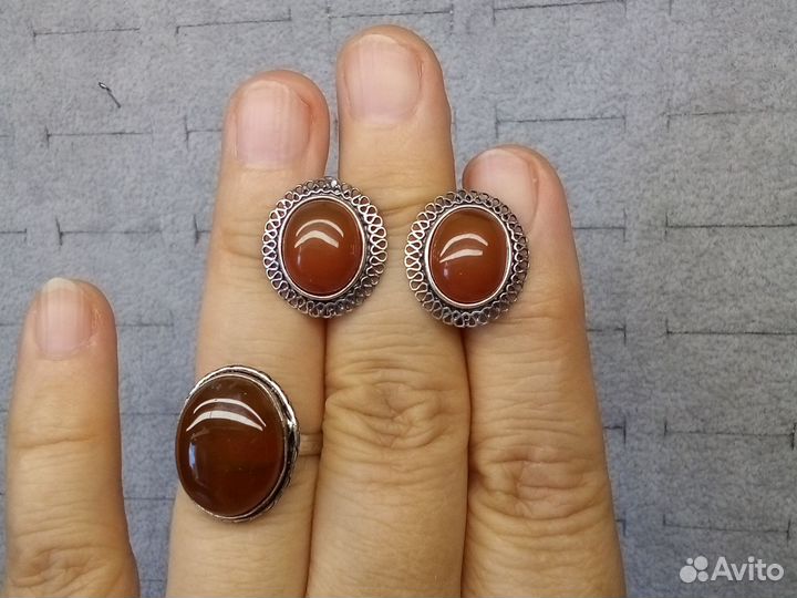 Серьги, кольцо сердолик посеребрение