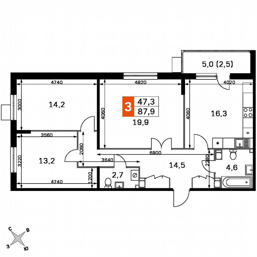 3-к. квартира, 85,4 м², 4/22 эт.