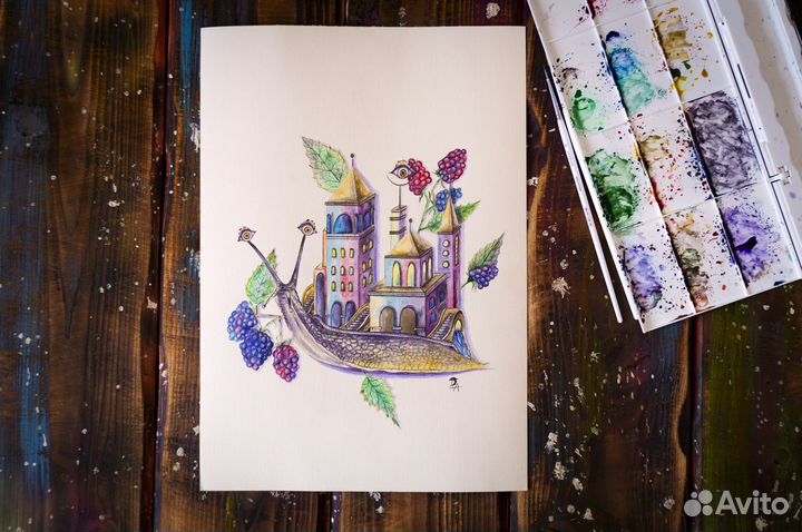 Картина акварель Улитка с архитектурой